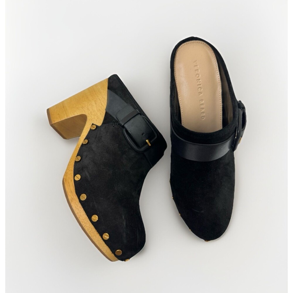 Veronica Beard Dacey Clog Size 7.5 M Black Suede Studded Buckle Mule Heels 70s